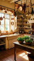 Rustic farmhouse kitchen interior with hanging copper pots, wooden shelves, herbs, and natural sunlight streaming through windows for cozy home design.