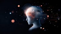 Futuristic silhouette of female head with glowing brain and digital network connections on dark background, representing artificial intelligence concept.