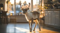 Majestic reindeer figurine standing in sunlit modern kitchen interior with warm golden light streaming through windows, creating cozy holiday atmosphere.