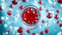 Red liquid drops floating in glass container against turquoise background with bokeh effect creates dynamic composition for beverage and cosmetic advertising.