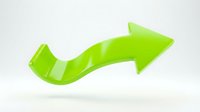 Green curved arrow pointing right with glossy finish isolated on white background for business presentations and infographic design elements.