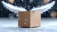 Magical cardboard box with glowing white angel wings in snowy atmosphere against dark background, mystical holiday delivery concept for festive designs.