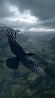 Black raven soaring over dramatic mountain valley landscape with stormy clouds and green terrain below. Wildlife and nature concept for editorial and creative projects.