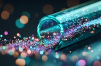 Colorful glitter spilling from glass tube with magical sparkle effect against dark background, creating dreamy bokeh lights in turquoise and pink tones.