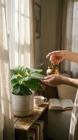 Woman spraying houseplant with brass mister bottle in sunlit room with books and coffee cup creating peaceful morning plant care routine at home.
