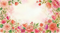 Watercolor floral frame with pink roses, peonies, and heart shapes on cream background, perfect for wedding invitations, greeting cards, and romantic design projects.