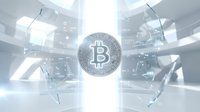 Digital cryptocurrency coin floating in futuristic glass cube environment with bright light and technological atmosphere for blockchain concepts.