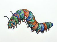 Colorful segmented caterpillar with ornate patterned sections in blue, green, orange and red tones, isolated on white background, suitable for children's designs, educational materials, clipart and decorative applications.
