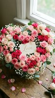 Heart-shaped floral arrangement with pink and red roses, baby's breath, and a love card on a rustic wooden table near a window.