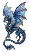 Mythical dragon with iridescent wings in blue, purple, and gold tones, isolated on white background. Detailed fantasy creature artwork suitable for design, apparel, and creative projects.