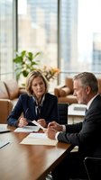 Professional mature businesswoman and businessman discussing documents during corporate meeting in modern office conference room with city view.