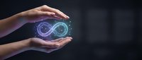 Hands holding glowing infinity symbol with digital particles, representing endless possibilities, sustainable innovation, and circular economy concepts for business and technology applications.