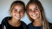 Young Caucasian women with bright genuine smiles and natural makeup pose together in casual black tops against light background, radiating joy and friendship.