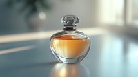 Elegant glass perfume bottle with amber liquid on reflective surface in soft natural lighting, luxury cosmetic product photography for beauty advertising.