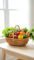 Wicker basket filled with fresh vegetables including lettuce, tomatoes, peppers, and carrots displayed on wooden table by bright window for healthy eating and organic produce concepts.