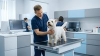 Veterinarian examining white dog on examination table in modern clinic with staff working at computers in background.