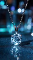 Sparkling diamond pendant on silver chain against blurred blue bokeh background, luxury jewelry accessory for special occasions.