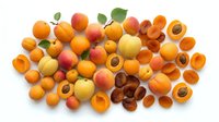 Fresh apricots collection with whole and halved fruits showing pits, isolated on white background for healthy food and nutrition designs.
