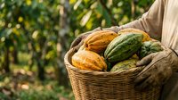 Fresh cacao pods in wicker basket held by farmer in tropical plantation, organic cocoa beans harvest for chocolate production and sustainable agriculture.