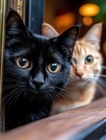Close-up portrait of black and cream colored cats with bright eyes looking through window, creating emotional connection with viewer. Soft bokeh background adds depth.