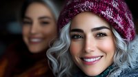 Young Caucasian woman with silver gray hair wearing burgundy knit beanie hat smiling warmly at camera. Natural beauty portrait with soft lighting and blurred background.