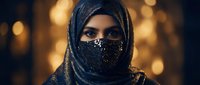 Young Middle Eastern woman wearing traditional black hijab with ornate embroidered details and decorative face covering against warm golden bokeh background.