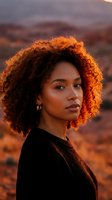 Young African American woman with curly afro hair in golden sunset light against desert landscape backdrop for lifestyle and beauty content.