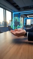 Businessman holding glowing green recycling symbol hologram in modern office conference room representing sustainable business practices and environmental responsibility.