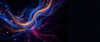 Abstract flowing energy waves with glowing particles and light trails in blue, purple and orange colors against dark space background for digital art projects.