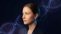 Woman with brown hair in profile against dark background with glowing DNA helix graphics, representing science, genetics, biotechnology, and medical research concepts.