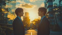 Two young Asian businessmen in dark suits facing each other against urban sunset backdrop with golden light and modern glass buildings, creating dramatic silhouette effect.