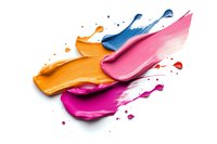 Vibrant cosmetic smears of orange, pink and blue cream texture with drops and splashes on white background, isolated makeup product swatches for beauty industry.