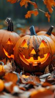 Glowing carved pumpkins with traditional jack o'lantern faces surrounded by fallen autumn maple leaves create spooky Halloween atmosphere in evening light.