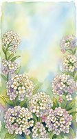 Watercolor floral frame with delicate hydrangea blooms in soft pastels creating elegant border on textured paper background for wedding invitations and stationery.