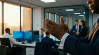 African American businessman clapping hands in modern office during team meeting with colleagues working at computers in background corporate success.
