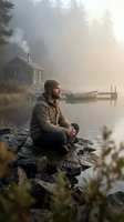 Bearded man in warm clothing sitting on rocky shore by misty lake with wooden cabin and boat in atmospheric morning light for outdoor lifestyle content.