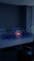 Glowing orb with flowing energy waves on office desk in modern workspace, representing innovation, technology, and creative solutions for business concepts.