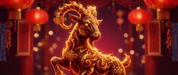 Golden ornate ram sculpture with intricate decorative patterns surrounded by red Chinese lanterns creating festive atmosphere for lunar new year celebrations.