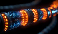 Glowing fiber optic cable with orange LED rings and blue light streams showing data transfer technology in dark background for network concept.