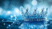 Royal silver crown with diamonds and crystals on reflective surface with blue bokeh background and water drops, luxury jewelry symbol of power and nobility.