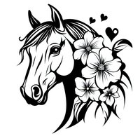 Elegant horse head silhouette with delicate floral elements and hearts in black and white monochrome style, isolated on white background for design projects.