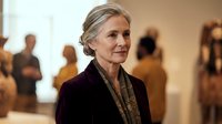 Elegant senior Caucasian businesswoman with gray hair in professional dark suit at corporate event or gallery opening with blurred people in background.