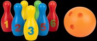 Colorful toy bowling set with numbered pins and orange ball, isolated on transparent background. Great for clipart, stickers, t-shirt design, and print on demand.