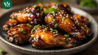 Glazed chicken wings with sesame seeds and green onions served on rustic ceramic plate, close up view of sticky Asian-style appetizer with sweet sauce.