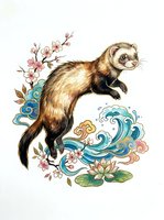 Ferret with flowing water waves, cherry blossoms, and lotus flowers in decorative Asian-inspired artwork. Isolated on white background for design use.