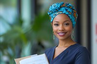 Young African American businesswoman wearing colorful headwrap holding documents in modern office environment with confident smile and professional attire.