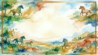 Watercolor frame with horses running through countryside landscape, featuring natural earth tones and sky, suitable for stationery, invitations, and design projects.