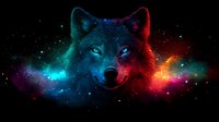 Mystical wolf head with cosmic galaxy background featuring vibrant neon turquoise and red colors, glowing eyes and starry space effects, artistic fantasy composition.