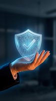 Businessman hand holding glowing digital shield with checkmark and circuit pattern for cybersecurity and data protection concepts.