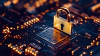 Golden padlock on computer circuit board with glowing elements represents digital security and data protection in modern technology environment.